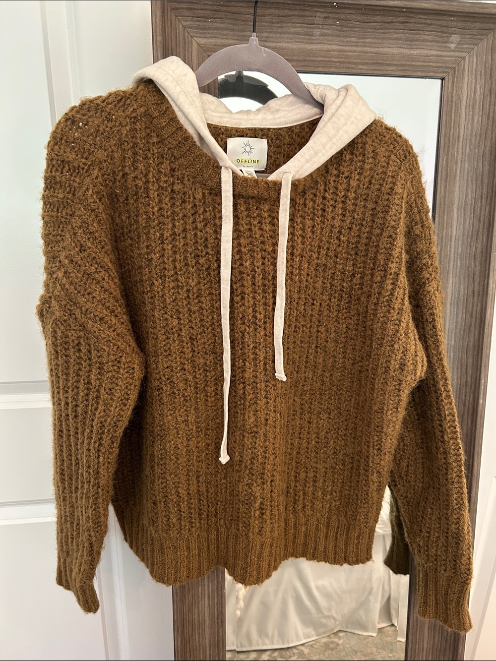 Offline by Aerie Brown Knit Crewneck Sweater with Hood